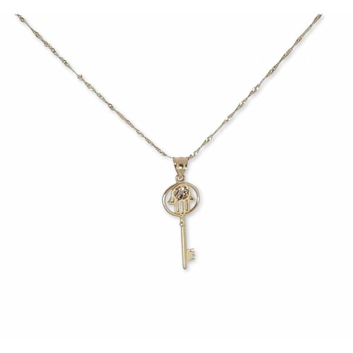 Preciosa Gargantilla Dije Llave Mano Fatima Oro Sólido 14k 