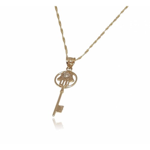 Preciosa Gargantilla Dije Llave Mano Fatima Oro Sólido 14k 