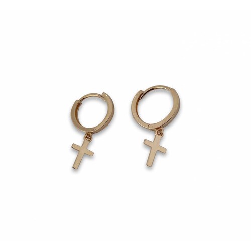 Aretes Colgantes de Cruz Oro Sólido 14k 