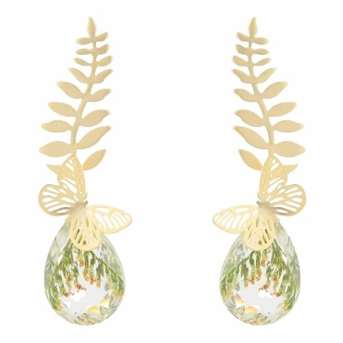 CRISTAL AMOR - Aretes Mariposa Hojas Naturaleza Muerta Oro 14k Laminado 