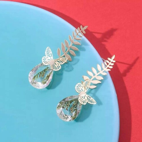 CRISTAL AMOR - Aretes Mariposa Hojas Naturaleza Muerta Oro 14k Laminado 