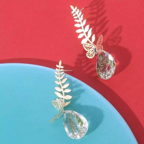 CRISTAL AMOR - Aretes Mariposa Hojas Naturaleza Muerta Oro 14k Laminado 