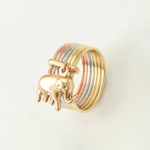 CRISTAL AMOR - Anillo Semanario Elefante Oro Florentino 14k Laminado Dorado 5
