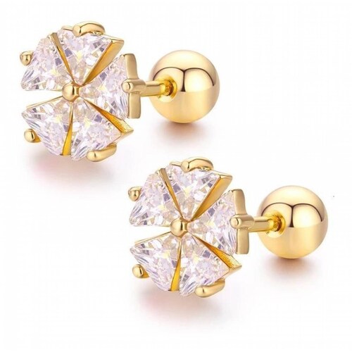 CRISTAL AMOR - Aretes Broqueles Flor Swarovski Oro 14k Lam Bolita Bebe Niña Blanco