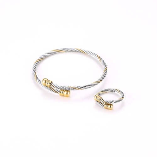 CRISTAL AMOR - Set Pulsera y Anillo Hombre Oro 14k lam Y Acero Inoxidable Blanco Color