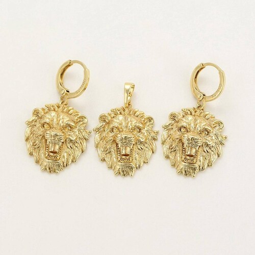 Fino Collar Y Aretes León Oro 14k Laminado 45 Cm 