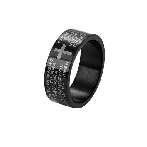 CRISTAL AMOR - Anillo Argolla Unisex Padre Nuestro Oro Negro 14K Laminado 9 Talla