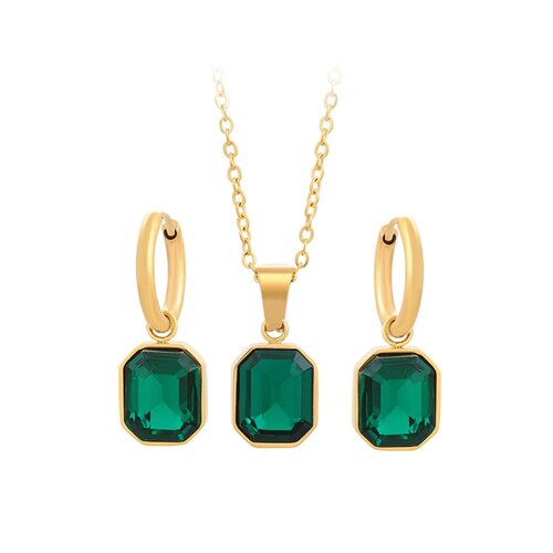 CRISTAL AMOR - Fino Collar y Aretes Esmeralda Dama Oro 24K Laminado Dorado