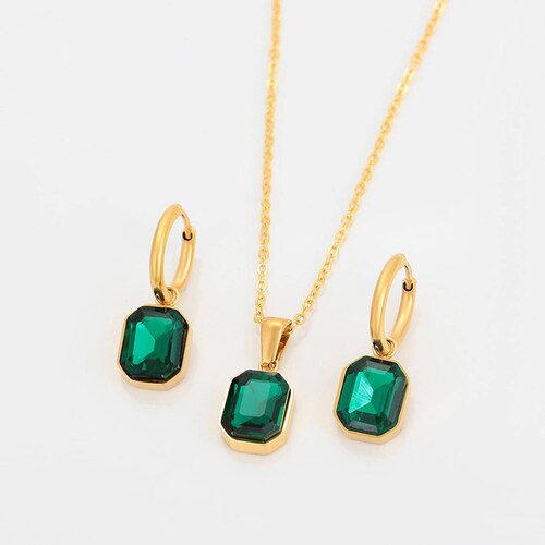CRISTAL AMOR - Fino Collar y Aretes Esmeralda Dama Oro 24K Laminado Dorado