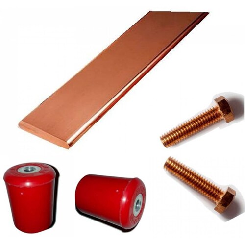 Kit Barra Cobre Tierra Física 1/4x1x19 pulgadas con Aisladores y Tornillos de Bronce Al Silicio