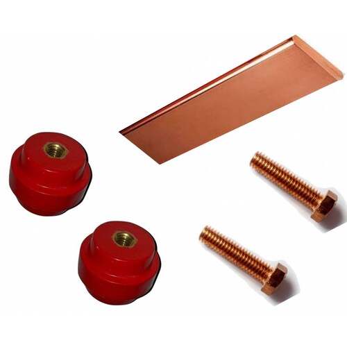 Kit Barra Cobre Tierra Física 1/4x4x19 pulgadas con Aisladores y Tornillos de Bronce Al Silicio
