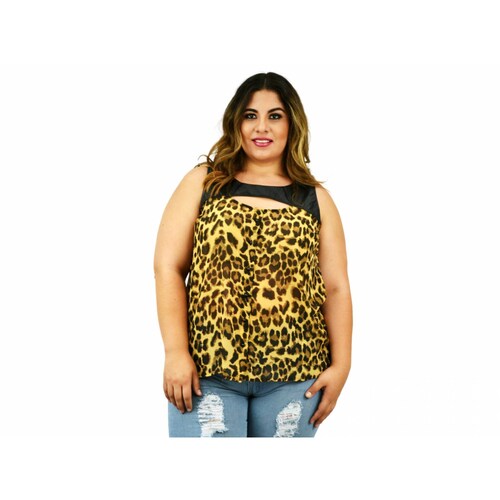 Blusa Roman Fashion animal print con vinipiel, en talla extra para dama 212