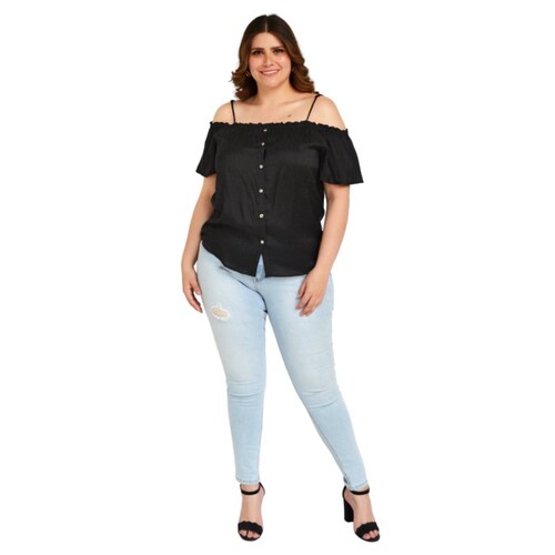 Blusa campesina con tirantes Tallas Extras, 11016 (Negro) 