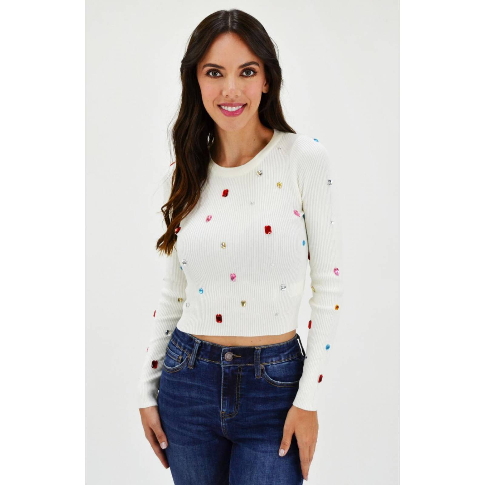 Blusa manga larga con pedrer a Roman Fashion Juvenil 933 Blanco