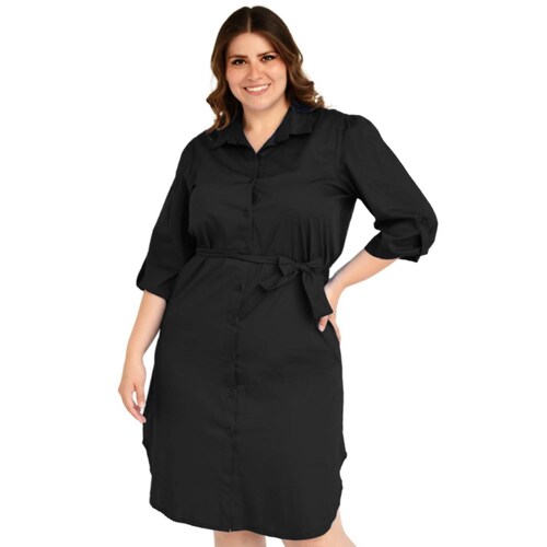 Vestido camisero con cinto Roman Fashion /Tallas Extras, 0707 (Negro) 