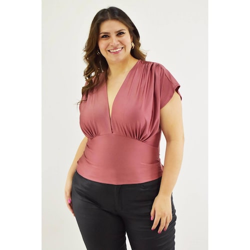 Blusa de satin cuello V Roman Fashion /Tallas Extras, 1836 (Palo de rosa) 