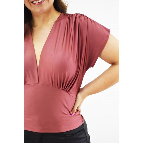Blusa de satin cuello V Roman Fashion /Tallas Extras, 1836 (Palo de rosa) 