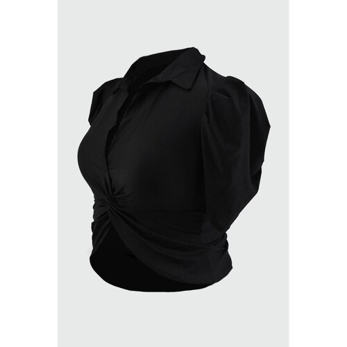 Blusa de satin con nudo Roman Fashion /Tallas Extras, 1850 (Negro) 