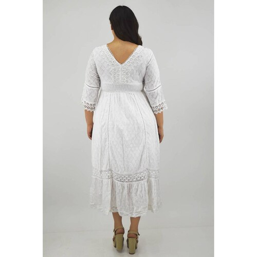 Vestido Boho de algodón /Tallas Extras, 8526 (Blanco) 