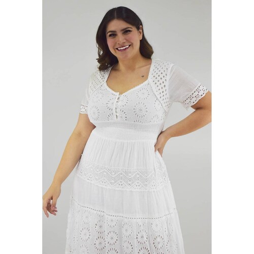 Vestido Boho de algodón /Tallas Extras, 8526 (Blanco) 