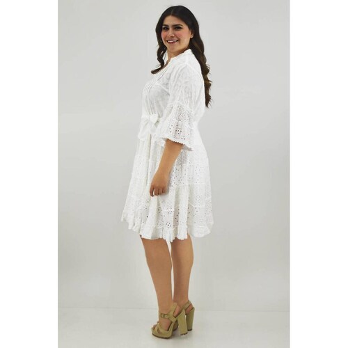 Vestido de algodón con cinto /Tallas Extras, 8541 (Blanco) 