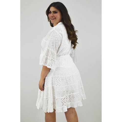 Vestido de algodón con cinto /Tallas Extras, 8541 (Blanco) 
