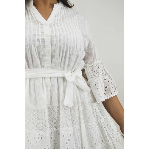 Vestido de algodón con cinto /Tallas Extras, 8541 (Blanco) 
