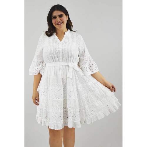 Vestido de algodón con cinto /Tallas Extras, 8541 (Blanco) 