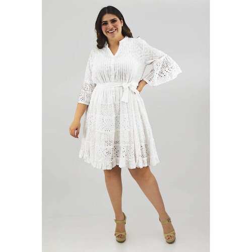 Vestido de algodón con cinto /Tallas Extras, 8541 (Blanco) 
