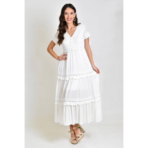 Vestido midi con detalle de encanje /Juvenil, 518 (Blanco) 
