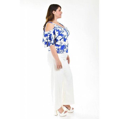 Blusa manga caída con olanes Roman Fashion /Tallas Extras, 1732 (Azul rey) 