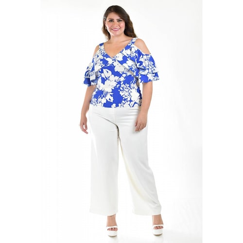 Blusa manga caída con olanes Roman Fashion /Tallas Extras, 1732 (Azul rey) 