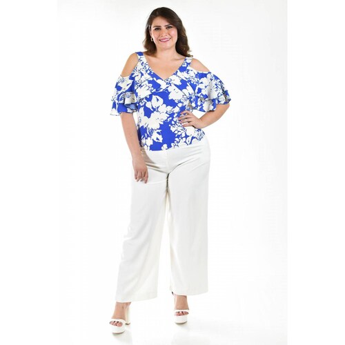 Blusa manga caída con olanes Roman Fashion /Tallas Extras, 1732 (Azul rey) 