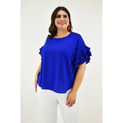 Blusa manga con olanes Roman Fashion /Tallas Extras, 2314 (Azul rey) 