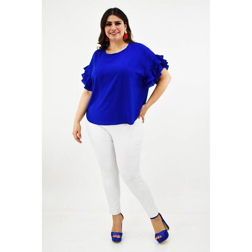 Blusa manga con olanes Roman Fashion /Tallas Extras, 2314 (Azul rey) 