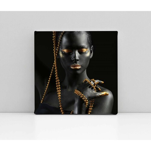 Cuadro Decorativo Canvas Mujer con perlas de oro 70x70