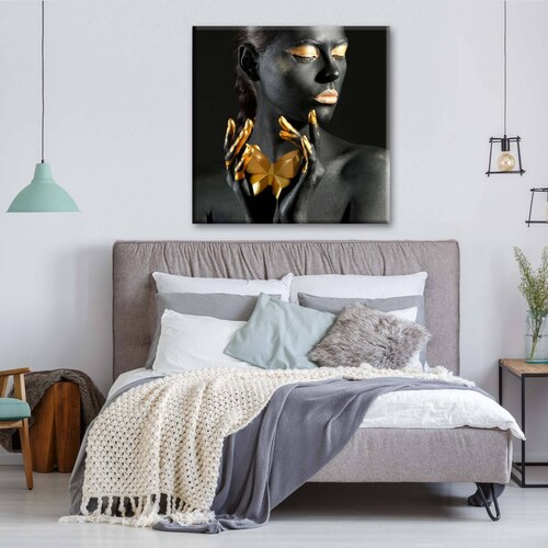 Cuadro Decorativo Canvas Mujer con negro y dorado 100x100