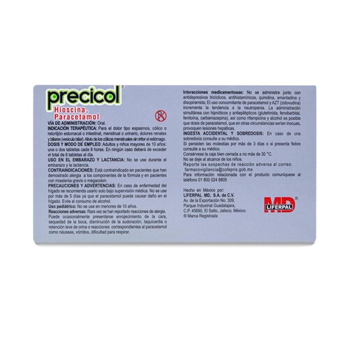 Precicol, Hioscina - Paracetamol, Caja Con 20 Tabs 10 Mg / 500 Mg, Liferpal Md 