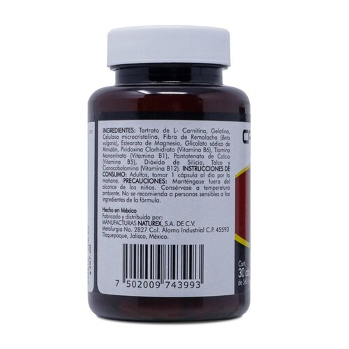 Carnitina, Fibra Y Complejo B, Frasco Con 30 Caps, Naturex 