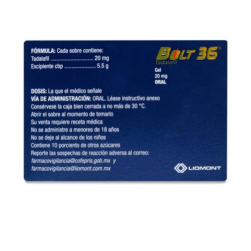 Bolt 36 Tadalafil, 2 Sobres Gel, Liomont 