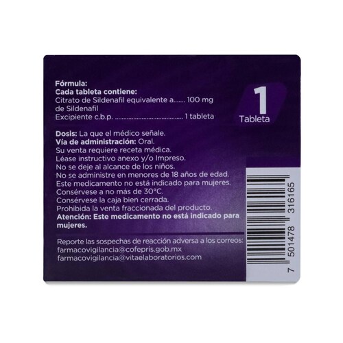 Sildenafil Ysus, Caja Con 1 Tableta De 100 Mg, Vitae 