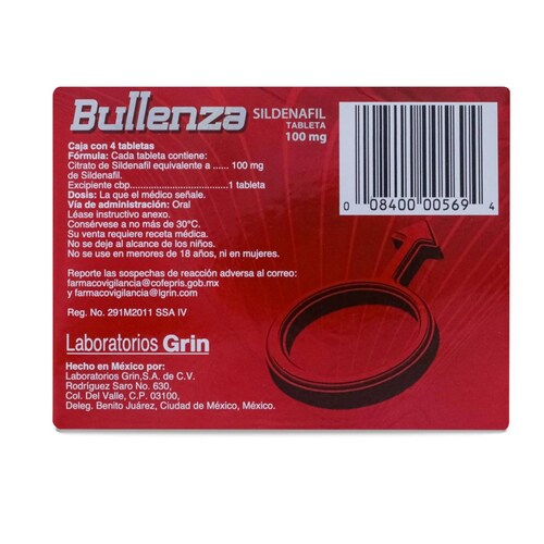 Sildenafil Bullenza, Caja Con 4 Tabs De 100 Mg, Grin 