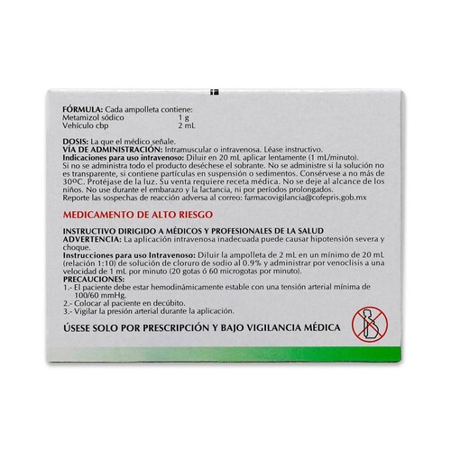 Metamizol Sodico Amsa Caja Con 3 Ampolletas De 2 Ml 