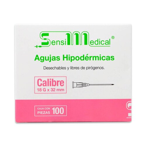 Agujas Hipodermicas Desechable Y Libre De Pirogenos Calibre 18G X 32 Mm Cont 100 Pzas 