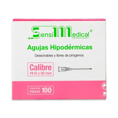 Agujas Hipodermicas Desechable Y Libre De Pirogenos Calibre 18G X 32 Mm Cont 100 Pzas 