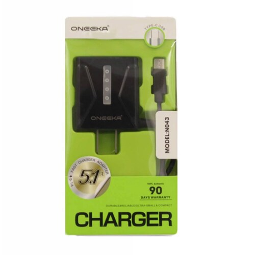 Cargador Oneeka N043,  5.1 A, 2 USB, Cable Adherido Tipo C