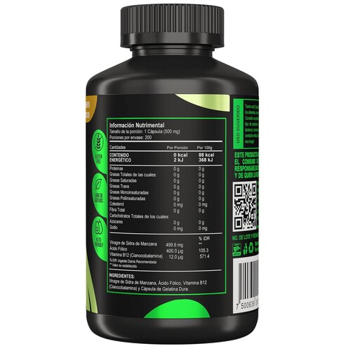 Apple Cider Vinegar |60 capsulas| Suplemento con Acido Folico y Vitamina B12. 