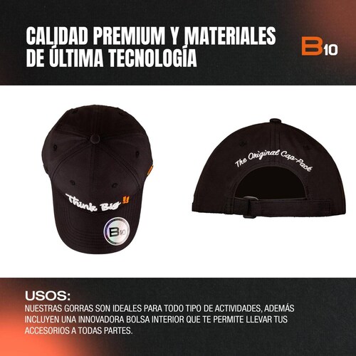 Gorras Unisex B10 Gorras Deportivas Con Bolsillo Secreto Ideales para Golf Think Big-N Negro unitalla