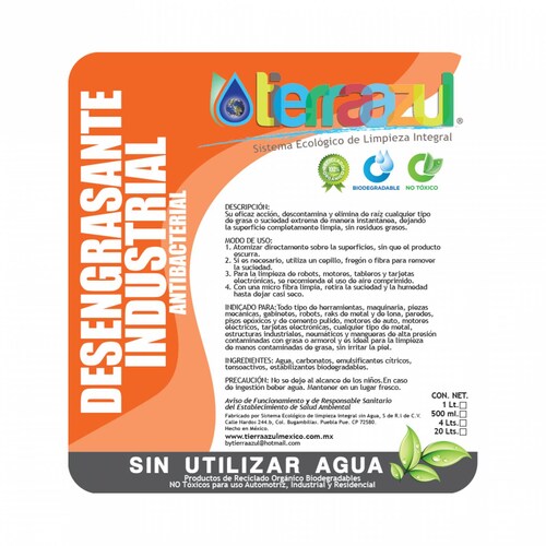 Desengrasante Industrial (20 litros) - Tierra Azul Mx