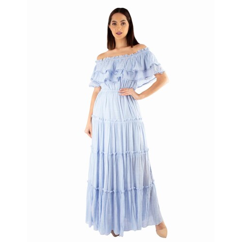 Vestido maxi de hombros descubiertos con olán 